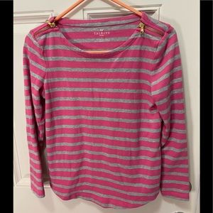 💥Talbots pink gray striped top;gold zipper accent